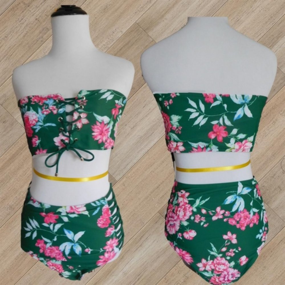 GREEN PRINT BANDEAUX STRAPPY TWO PIECE SWIMSUIT